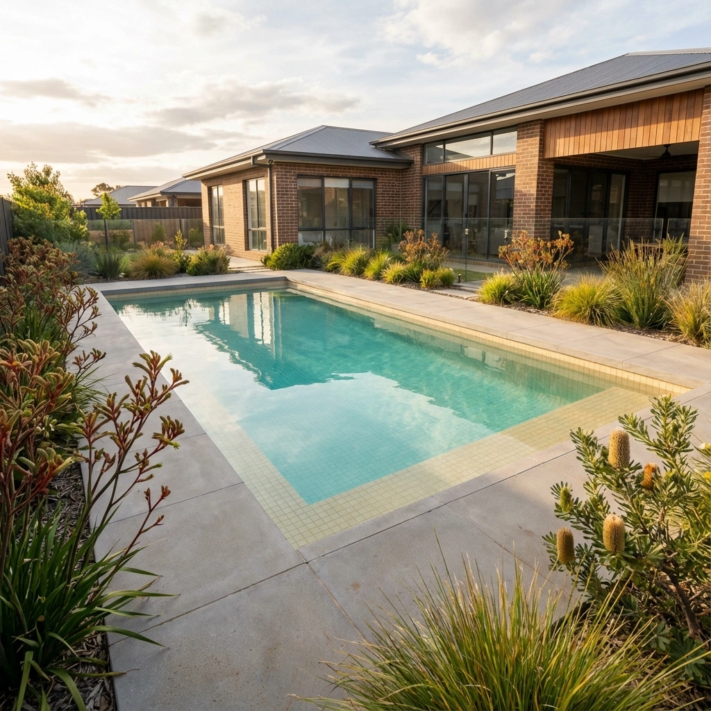 Ultra realistic wide angle photo of a modern backyard saltwater swimming pool in Melbourne's western suburbs